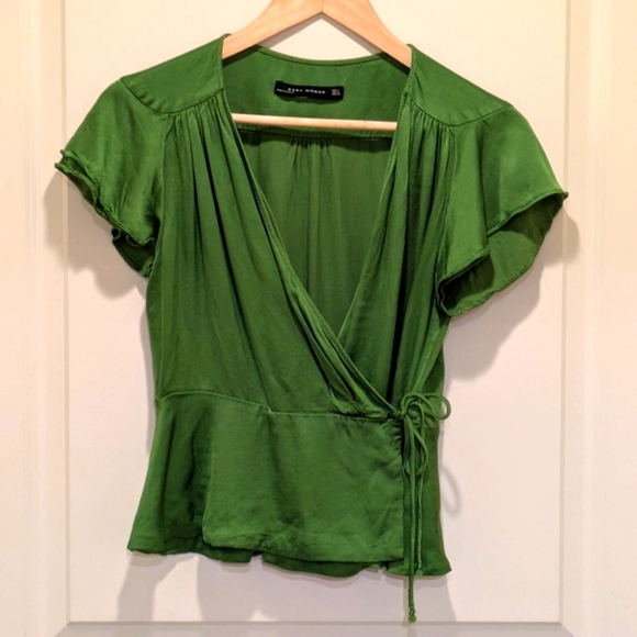 $5 Item! Zara Woman S Green Viscose Wrap Blouse with Draped Sleeves - Picture 2 of 6